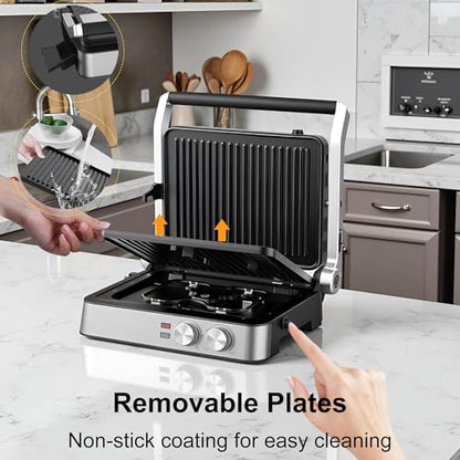 Panini Press,4 Slices Contact Grill with Removable Non-Stick Coated Grill and Flat Plates,Panini Makers with Temperature Control and Timer,Open 180 Degrees,Grill and Griddle (Silver wtih Full SUS) - color: Silver wtih Full SUS