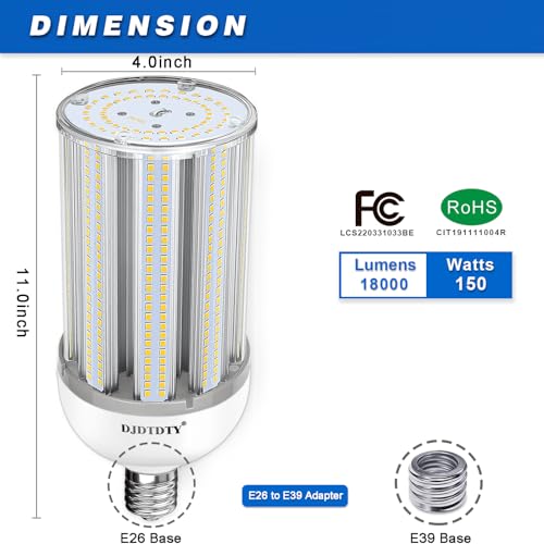 2 Pack 150W LED Corn Light Bulb, Super Bright 150Watt Corn Bulbs, E26 Base with E39 Adapter,5000K,18000LM LED Light Bulb for Garage Warehouse Workshop Barn (150W)