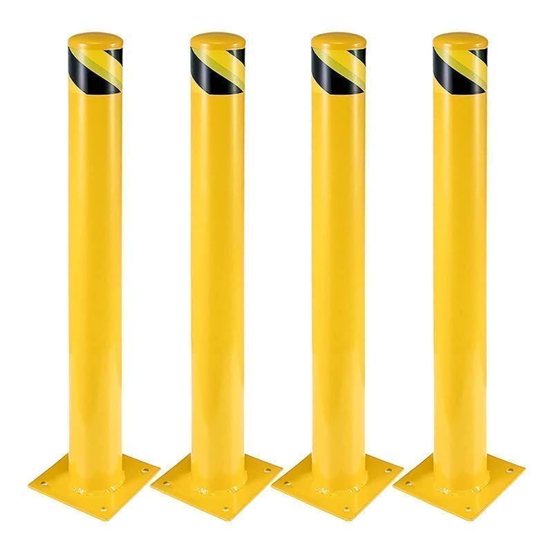 4-Pack 48 Inch Steel Safety Bollards, 4.5 Inch Diameter Parking Bollard Post with 16 Anchor Bolts, Yellow Safety Steel Bollard Post for Driveway Barrier, Traffic Control & Storefront Protection - size: 48 Inch