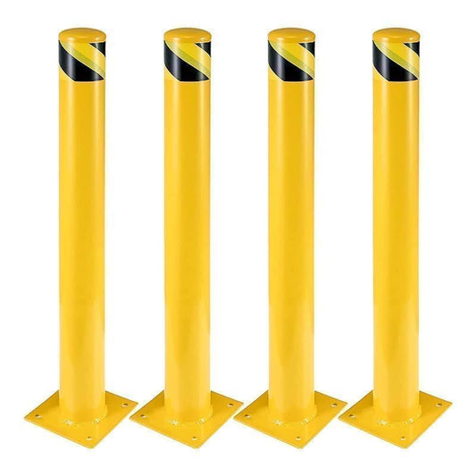 4 Packs 48 Inch Safety Bollard Post, 4.5 Inch Diameter Steel Pipe Bollard with 16 Anchor Bolts, Heavy Duty Yellow Steel Bollard for Parking Lot Security, Driveway Barrier, Warehouse Entrance - size: 48 Inch