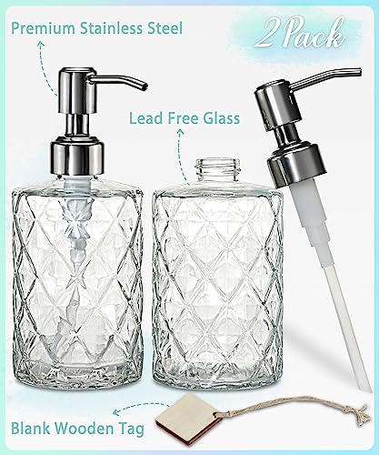 JASAI 2Pack Diamond Embossed Glass Soap Dispenser with 304 Rustproof Stainless Steel Pump, 12 OZ Bathroom soap Dispenser with A Wooden Tag, Elegant Hand Soap Dispenser for Bathroom & Kitchen