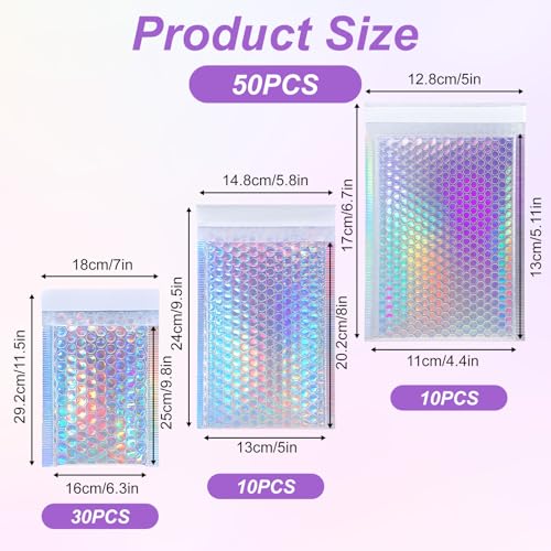 50 Pack Bubble Mailers, Holographic Bubble Mailers with 3 Sizes, Waterproof Self Seal Adhesive Foil Glitter Glamour Shipping Bags for Mailing, Packing, Small Business, Jewelry Makeup Supplies