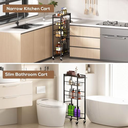 4 Tier Slim Rolling Storage Cart with Pull-Out Baskets, Narrow Sliding Storage Slim Laundry Rolling Cart Between Washer and Dryer - color: Black