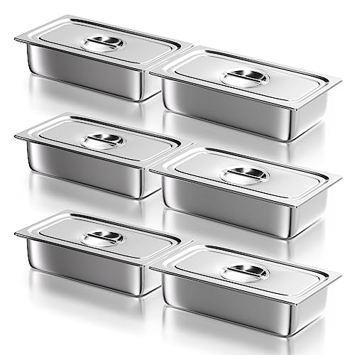WantJoin Stainless Steel Steam Table Hotel Pans Set 1/3 Size 4 Inch 6 Pack - color: 4" Deep, size: 1/3 Size