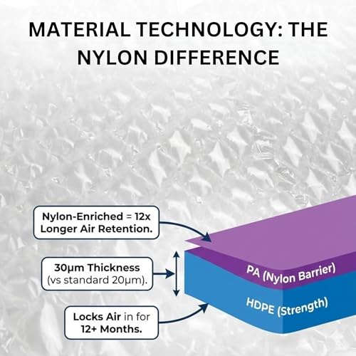 Nylon-Enriched HDPE+PA Bubble Pillow Film Roll – 1000ft x 16" x 12", Perforated Every 12", Air Cushion Packing Material for Shipping, Moving, Improved Barrier, Thicker & Long-Lasting
