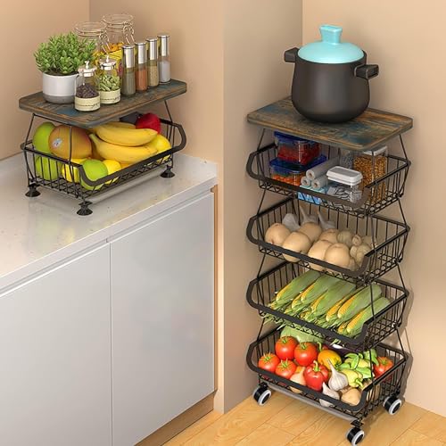 BEEY Metal Storage Baskets with Wheels, Metal Wire Market Basket Storage Organizer Cart Rolling Stackable Storage Bins for Kitchen,Pantry,Bedroom (Black w/Tabletop, 5 Tier) - color: Black W/Tabletop, size: 5 Tier