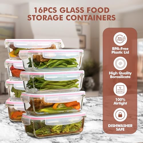 Razab 16 Pc (Set of 8) 30 Oz Glass Meal Prep Containers with Lids, Airtight Large Glass Food Storage Containers, Reusable Leak Proof BPA Free, Freezer to Oven and Dishwasher Safe - color: Pink