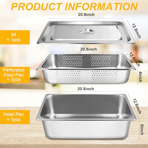 3 Pack Full Size 4 Inch, 6 Inch Hotel Pan with Lid Perforated Steam Table Pan Chafing Pans Steam Table Tray Stainless Steel Restaurant Supplies for Buffets Catering Commercial Kitchen - size: 6 inch