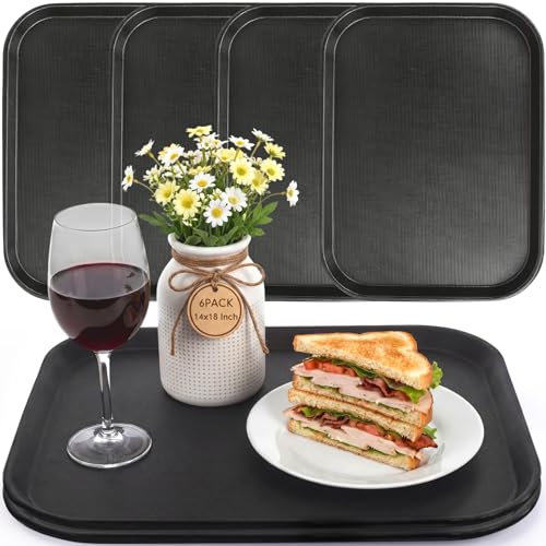 6 Pack 14x18 Inch Extra Large Fast Food Trays Bulk Heavy Duty Reinforced Plastic Serving Trays with Raised Edges Non-Slip Surface Stackable Commercial Grade for Restaurants Bars Cafeterias - size: 14x18 Inch