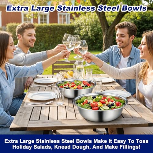 4 Packs Large Stainless Steel Mixing Bowl, 8 Quart Metal Mixing Bowls Prep Bowls,Extra Large Basin Salad Basin Deeper Edge Dishwasher Safe Mirror Finish for Home and Commercial | 13 Inch