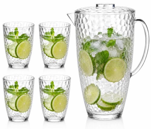 Water Pitcher with Lid, Plastic Pitcher Set with Cups, Water Jug for Drinks - color: Clear