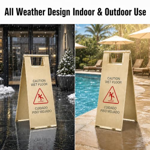 2 Pcs 24 Inch Stainless Steel Wet Floor Caution Sign Gold Bilingual - color: Gold