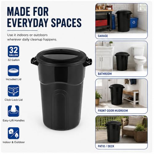 32 Gallon Commercial Garbage Can, Heavy Duty Plastic Trash Bin with Lid - size: 32 Gallon Round