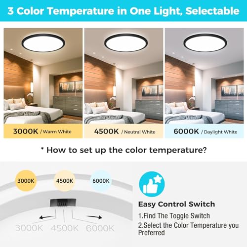 libtit 13 Inch LED Round Flat Light, 28W 3200lm 3000K/4500K/6000K CCT Selectable, Black Ceiling Light Surface Mount, Slim Ceiling Lamp Flush Mount for Bedroom, Kitchen, Office,Closet,Laundry Room - color: Black, size: 13In-1Pack