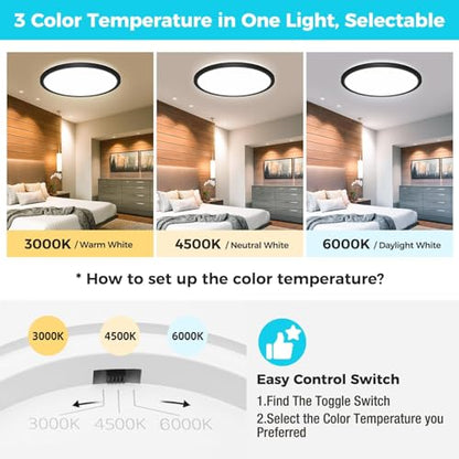 libtit 13 Inch LED Round Flat Light, 28W 3200lm 3000K/4500K/6000K CCT Selectable, Black Ceiling Light Surface Mount, Slim Ceiling Lamp Flush Mount for Bedroom, Kitchen, Office,Closet,Laundry Room - color: Black, size: 13In-1Pack