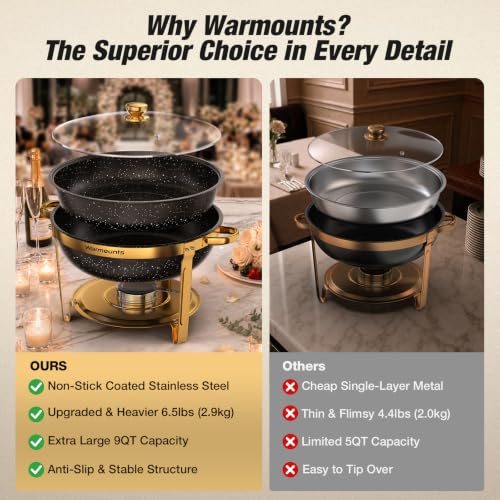 Chafing Dishes for Buffet, 4 Pack 9QT Gold Buffet Display Set, Granite-Coated Round Stainless Steel Food Warmers with Glass Lid Holder & Rolled-Edge, Stackable Storage Catering Events Supplies