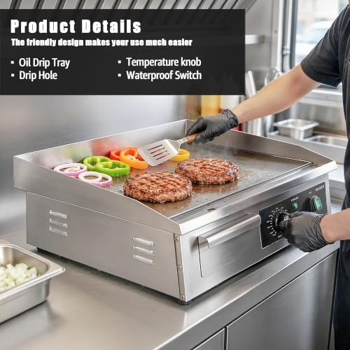 VIKEER Commercial Electric Griddle,22 Inch Large Electric Griddle Stainless Steel Flat Top Grill with Iron Cooking Plate,120-570℉ Adjustable Temperature Control for Home or Restaurant,120V 1600W - size: 22 inch