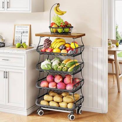 SAYZH 5-Tier Fruit and Vegetable Basket Stand for Kitchen, Wood Top, Black - color: Black, size: 5 Tiers