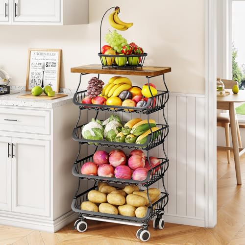 SAYZH 5-Tier Fruit and Vegetable Basket Stand for Kitchen, Wood Top, Black - color: Black, size: 5 Tiers
