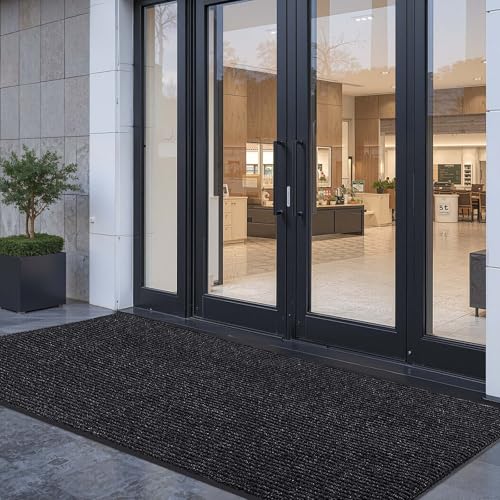 VEVOR Front Door Mat, 10 x 3 ft Commercial Floor Mat for Indoor and Outdoor, Stylish Striped Industrial Carpet with PVC Backing, Heavy Duty Washable Entry Rug for Hallway, Balcony, Garage, Grey - color: Black-grey Striped, size: 10 x 3 ft