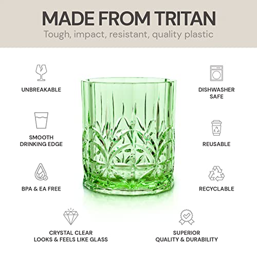 BELLAFORTE Shatterproof Tritan Plastic Short Tumbler, Set of 4, 13oz - Myrtle Beach Unbreakable Crystal Cut Old Fashioned Drinking Glasses for Whiskey - BPA Free - Dishwasher Safe - Green - color: Green