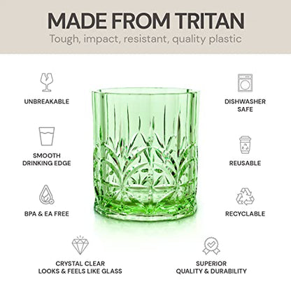 BELLAFORTE Shatterproof Tritan Plastic Short Tumbler, Set of 4, 13oz - Myrtle Beach Unbreakable Crystal Cut Old Fashioned Drinking Glasses for Whiskey - BPA Free - Dishwasher Safe - Green - color: Green