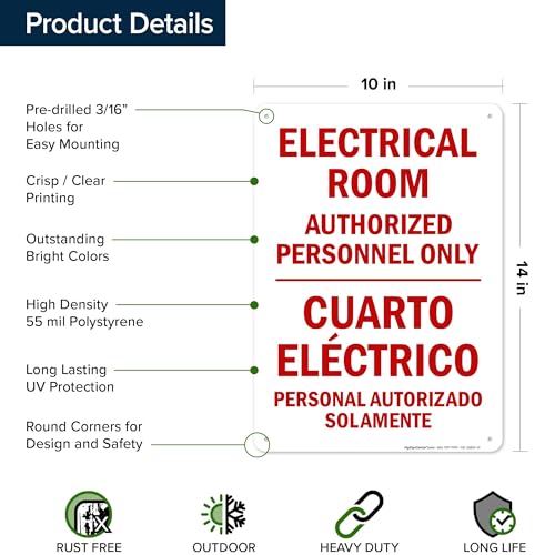 Electrical Room Authorized Personnel Only Bilingual Sign, 10x14 Inches, 55 mil thick HDPS (high density polystyrene), Made in USA by My Sign Center - size: 10x14 Polystyrene