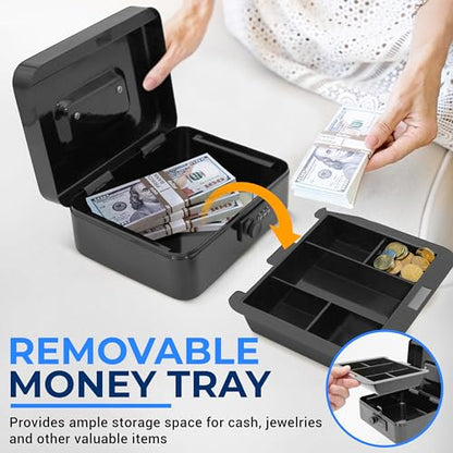 Serenelife 8" Metal Cash Box with Lock | Cash Safe Lock Box with Money Tray | 5 Lockable Drawers | Five Compartment Cash Tray | Storage for Valuables | Steel | Key Lock | 8" x 6.2" x 3.5" in | Black - color: Black