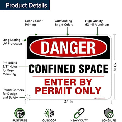 Danger Confined Space Enter By Permit Only Sign, 18x24 Inches, Rust Free - size: 18x24 - Aluminum