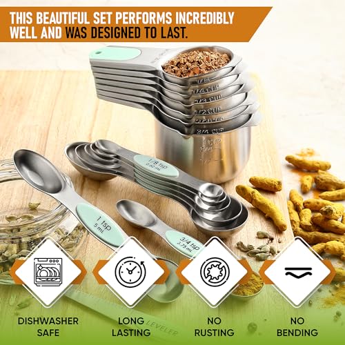 Spring Chef Magnetic Measuring Cups & Spoons Set of 15 with Levelers, Mint - color: Mint