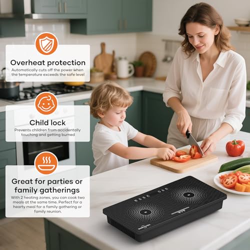 1800W Double Induction Cooktop with Dual 900W Burners, Minimalist Design, Touch Control, 8 Power Levels, Timer & Safety Lock for Kitchen RV Countertop Use