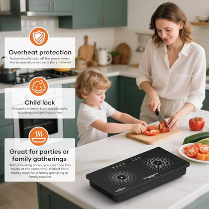 1800W Double Induction Cooktop with Dual 900W Burners, Minimalist Design, Touch Control, 8 Power Levels, Timer & Safety Lock for Kitchen RV Countertop Use