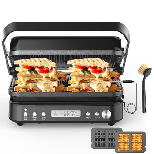 CATTLEMAN 6 in 1 Ceramic Panini Press with Removable Waffle Plates, 1600W - color: Black with Waffle Plates