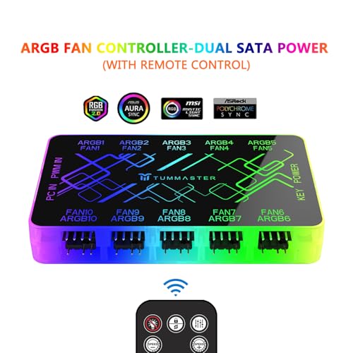 ARGB Fan HUB, 9/10 Port 4 Pin PC Fan Controller, 5V-3Pin LED Hub, Magnetic Suction, SATA Power Input,RF Remote & Chassis Key Control,Controller Support ARGB PWM Fans Splitter (J-10 Pro) - color: J-10 Pro