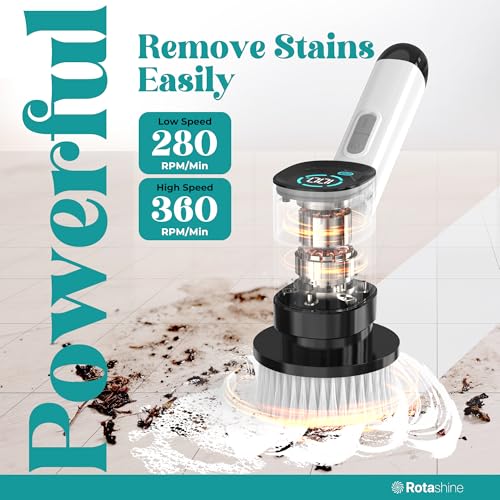 Electric Spin Scrubber - Electric Scrubber for Cleaning with 7 Replaceable Heads - Full-Body Waterproof Tub Scrubber with Long Handle - Electric Brush Cleaner for Bathroom
