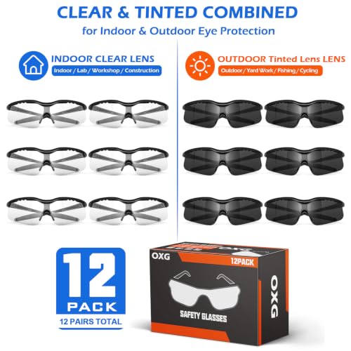 OXG 12 Pack Safety Glasses, ANSI Z87.1 Protective Eyewear for Men Women - color: Clear and Grey