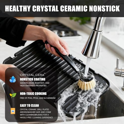 CATTLEMAN 6 in 1 Ceramic Panini Press with Removable Waffle Plates, 1600W - color: Black with Waffle Plates