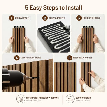 Amsleekey 4-Pack 108″x11″ Acoustic Wood Slat Wall Panels, 8 Hooks, Teak - color: Teak, size: 108 x 11 in - 4 pcs