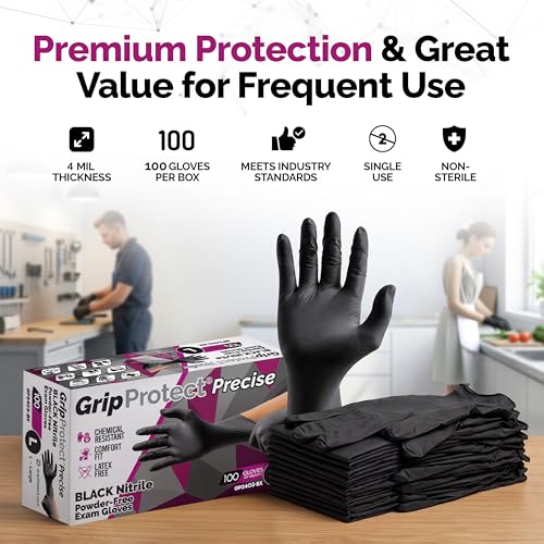 GripProtect Precise Black Nitrile Gloves 4 Mil, Chemical Resistant Gloves - size: Large (100 Count)