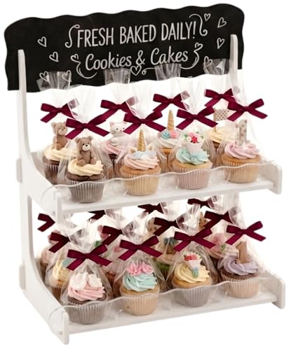 HOTCAN Cookie Display Stand for Bakers & Vendors with Acrylic Front | Wooden Dessert Stand with Chalkboard Sign for Market Booths, Craft Fairs & Events | 2 Tiered Cookie Display for Cupcakes, Muffins & Pastries (White) - color: White, size: 2 Tier