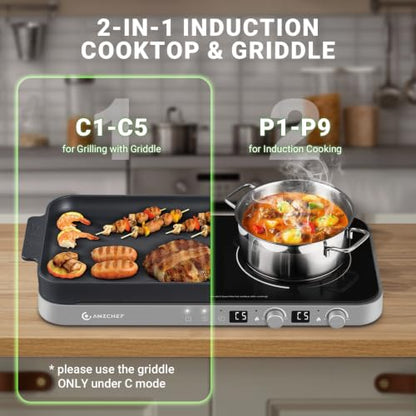 AMZCHEF Double Induction Cooktop, 1800W 2 Burner with Griddle Pan, Grey - color: Iron Grey