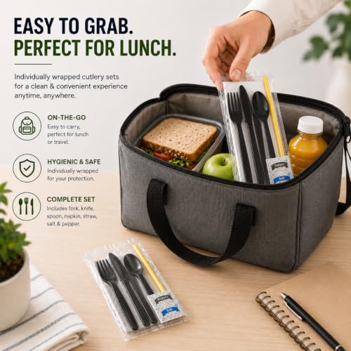 100 pack | Individually wrapped Cutlery set | BlackHeavy Duty Cutlery | Utensil set with Fork, spoon, knife, Napkin, Straw and Salt/Pepper packets (6 in 1) | Plastic Disposable Flatware Cutlery Kits - color: Black