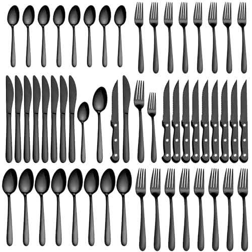 Pleafind 48-Pieces Black Silverware Sets for 8, Stainless Steel Cutlery Set with Steak Knives, Flatware Set, Include Forks Spoons and Knives Set, Dishwasher Safe Utensil Sets for Home Restaurant - color: Black, size: 48P
