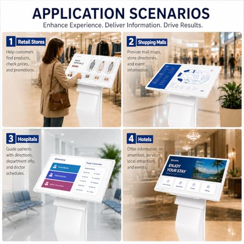 32 inch Touch Screen Kiosk, Android System, Install APP, Browser, Digital Signage Kiosk, K-Style Stand Digital Signage Display, Interactive Display Mall Navigation/Advertising/Retail Store - color: White