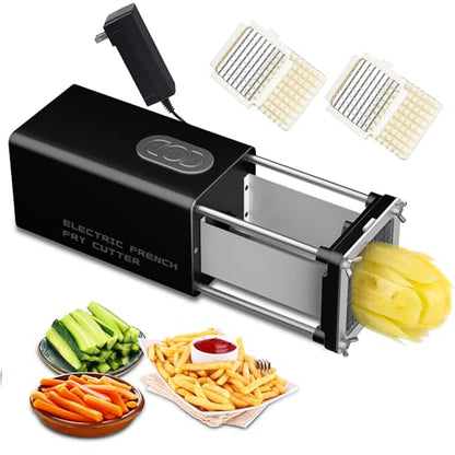 SIXRARI Electric French Fry Cutter, French Fries Cutter with 1/2 & 3/8 Inch Blade, Automatic Potato Cutter, Professional Commercial and Household Potato Slicer, Use for Cucumbers, Carrot, Apples - color: Black