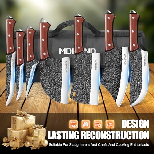 MDHAND Butcher Knife Set, Hand Forged Kitchen Chef Knife Set with Roll Bag - size: 14PCS Hammer Pattern Butcher Knife Set