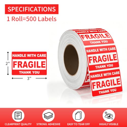 Fragile Stickers 2" x 3", Handle with Care Labels, Permanent Adhesive Small Shipping Stickers for Mailing, Packing, Personal Moving & Small Packages (2roll 1000 Pcs) - size: 2" x 3"