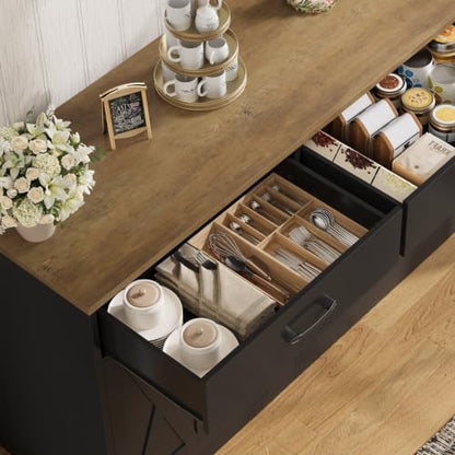 HOSTACK 71" W Kitchen Buffet Cabinet with Storage, Large Coffee Bar Cabinet - color: Black