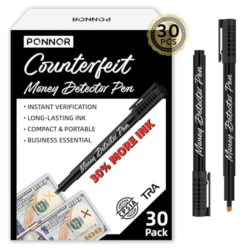 PONNOR Counterfeit Money Detector Pen (30 Pack) Bill Marker Universal False Currency Checker Cash Tester with 30% More Ink with Upgraded Chisel Tip for Personal & Commercial Use