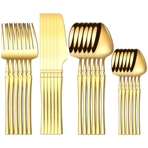 24-Piece Gold Silverware Set with Steak Knives Spoons and Forks for 6, Stainless Steel Flatware Cutlery Eating Utensils Sets,Polished Tableware for Home Kitchen Restaurant Wedding